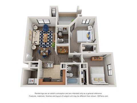 Floor plan for 2 beds, 2 baths, 937 sqft